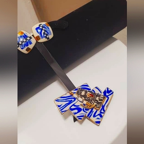 Blue And Gold Tone Ceramic Set. Earrings And Brooch Jewelry. 🌴 - Picture 4 of 4